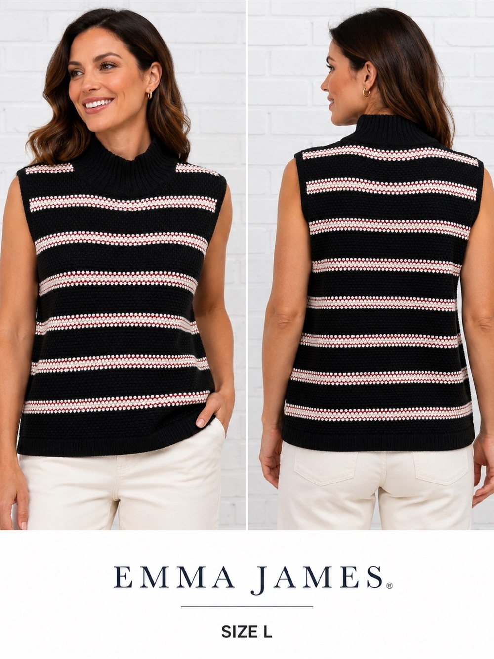 Emma James Sleeveless Mock Neck Sweater Vest Striped Knit Top Size L